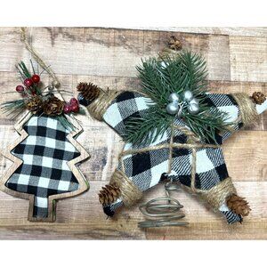Buffalo Plaid Star & Tree Holiday Ornaments With Jute Accents &